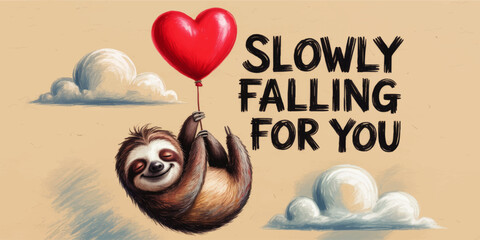 Cute sloth with red heart balloon in sky with clouds and romantic quote, playful love illustration for Valentine greeting card