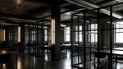 Modern office interior with glass partitions and industrial elements.