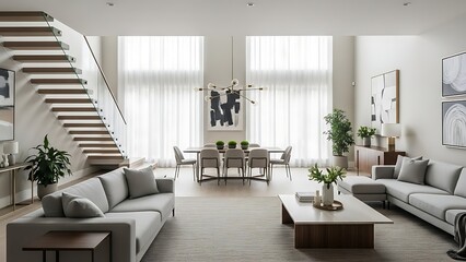 Bright, airy interior featuring a staircase, open dining area, and comfortable living space.