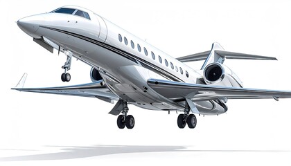 Fototapeta premium White Private Jet Aircraft Ascending into a Bright Sky with Landing Gear Extended Showcasing Sleek Design and Powerful Engines
