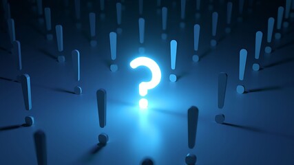 Glowing blue question mark standing out in a crowd of exclamation points on a dark background, representing the concept of doubt, curiosity, and the search for answers and solutions