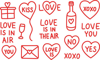 Hand-drawn Valentine&rsquo;s Day doodle set in red line style, featuring hearts, gifts, wine, love phrases and romantic symbols on a transparent  background
