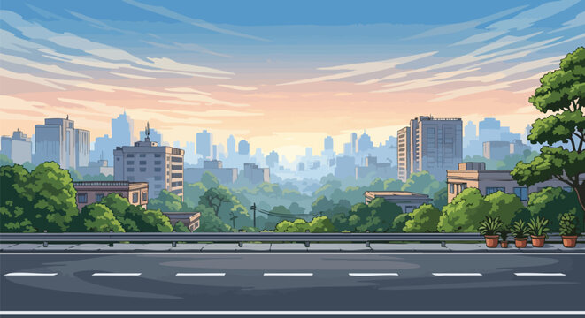 Digital illustration of a city skyline at sunset with a highway in the foreground and lush greenery, against a vibrant blue and orange sky.