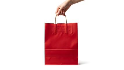 Hand holds a red paper shopping bag on a white background.