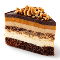 A slice of peanut butter chocolate cake with creamy layers, isolated on white background.
