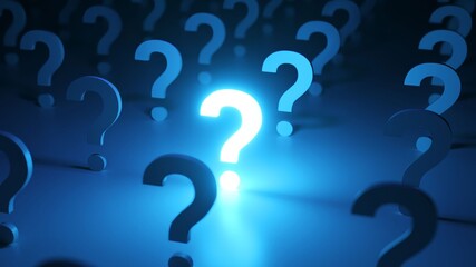 Bright, glowing question mark standing out in a crowd of dark question marks, representing a brilliant idea, solution, or answer to a problem in a conceptual blue illuminated environment