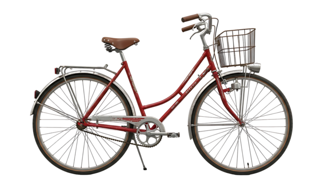 Classic red bicycle with front basket on black background