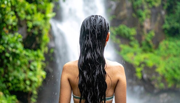 Woman with Long Wet Dark Hair Facing a Lush Green Waterfall in a Tropical Jungle During Daylight - Powered by Adobe