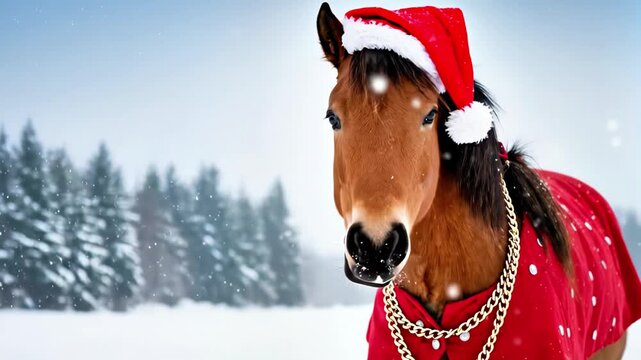 Festively adorned horse in snowy landscape, wearing a red Santa hat and cape, showcasing joyful holiday spirit, camera pans to capture the scene
