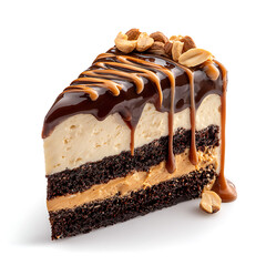 A slice of peanut butter chocolate cake with creamy layers, isolated on white background.