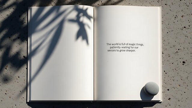 An open book with a quote and plant shadows.