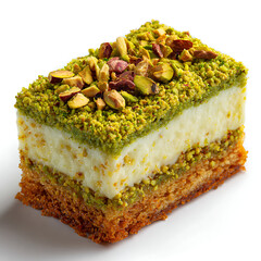 A slice of pistachio cake with chopped pistachio topping, isolated on white background.