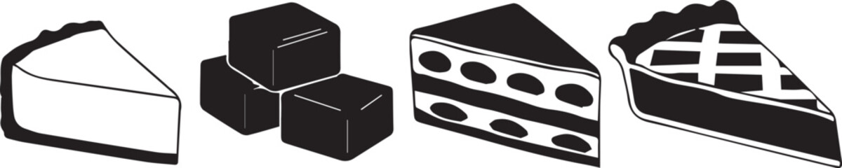 Hand drawn illustration of four different dessert slices on a white background