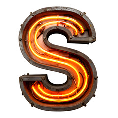 Retro Neon Letter S with Exposed Tubes and Industrial Metal Frame on Transparent Background