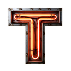 Retro Neon Letter T with Exposed Tubes and Industrial Metal Frame on Transparent Background