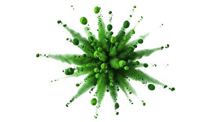 Bright green powder and liquid spheres exploding radially, cut out, stock png, isolated on transparent background
