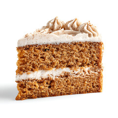 A slice of pumpkin spice cake with cinnamon frosting, isolated on white background.