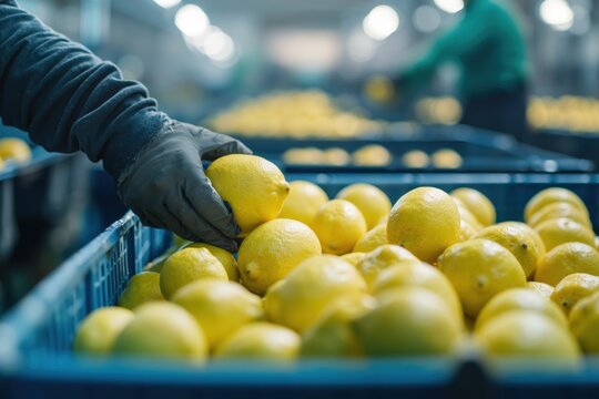 Worker handling fresh lemons in warehouse crates for sorting and distribution