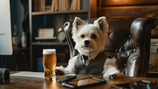 Video A small white dog sits at a desk with a glass of beer, perfect for an office scene or pet-loving theme