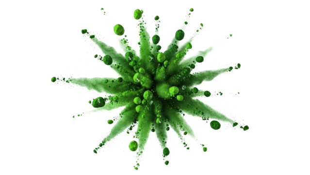 Bright green powder and liquid spheres exploding radially, cut out, stock png, isolated on transparent background