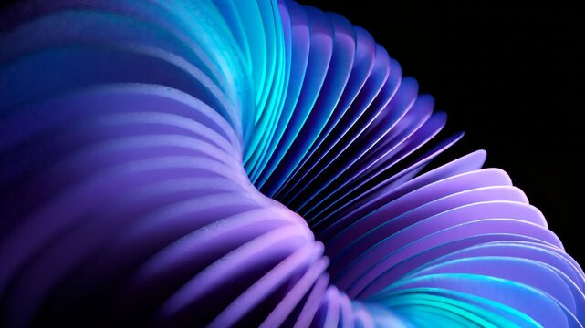 Smooth, abstract spiral shape rotating slowly with purple and cyan neon colors against a dark background, creating a mesmerizing and seamless futuristic looping animation for modern design projects