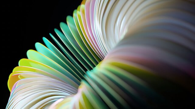 Beautiful pastel iridescent object with soft colors rotating in a seamless loop on a black background, representing a satisfying and hypnotic visual concept with shallow depth of field