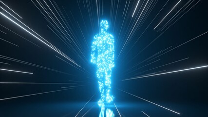 Fototapeta premium Glowing blue particle human strides through a dark futuristic tunnel of streaking light and data, evoking ai, metaverse, cyberspace, networking and digital transformation motion