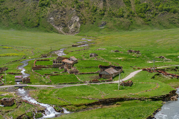 Brookside ruins and farm tracks in bright alpine pasture valley
