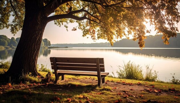 Wooden park bench under a large tree with autumn leaves beside a calm lake reflecting golden sunlight in a serene natural landscape during golden hour