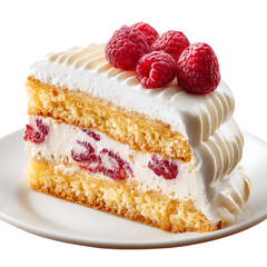 A slice of raspberries-and-cream cake with soft frosting, isolated on white background.