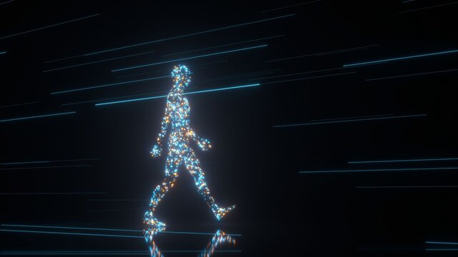 Abstract animation of a human figure made of glowing particles walking through a dark digital environment with light streaks, representing concepts of technology, data, and virtual reality