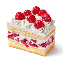 A slice of raspberries-and-cream cake with soft frosting, isolated on white background.