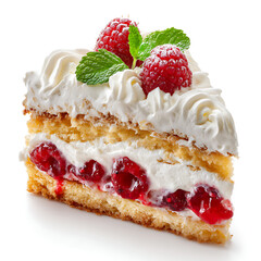 A slice of raspberries-and-cream cake with soft frosting, isolated on white background.