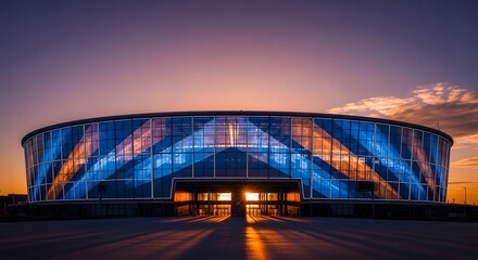 Obraz premium Modern stadium illuminated by vibrant blue and orange lights under dramatic evening sky symbolizing strength and unity in sports architecture