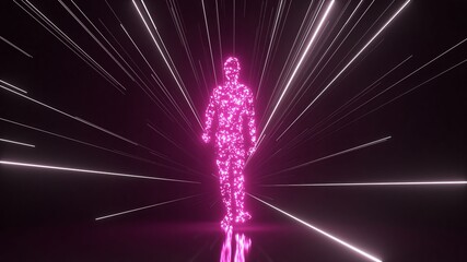 Fototapeta premium Glowing purple humanoid silhouette made of digital particles walking forward through a dark tunnel with streaks of white light, representing concepts of artificial intelligence and cyberspace