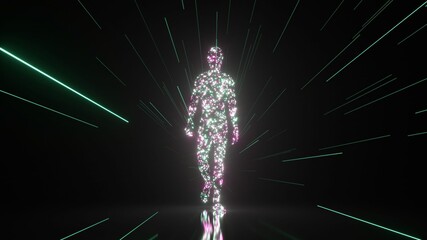 Fototapeta premium Glittering human figure materializing from abstract particles and walking forward inside a dark tunnel illuminated by radiating green neon laser beams, representing a concept of digital soul