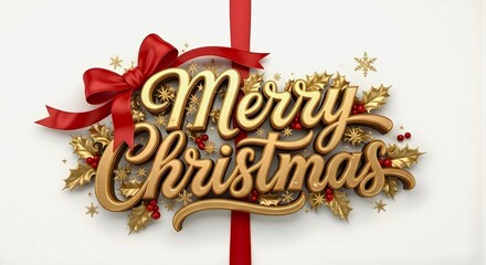 Elegant Merry Christmas greeting in gold with red ribbon and festive holly decorations for joyful holiday designs