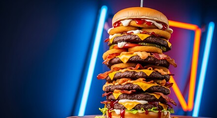 Towering fast food burger stack against neon lights.