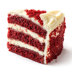 A slice of red velvet cake with cream cheese frosting, isolated on white background.