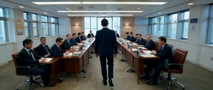 Businessman confidently walks into a serious corporate board meeting.