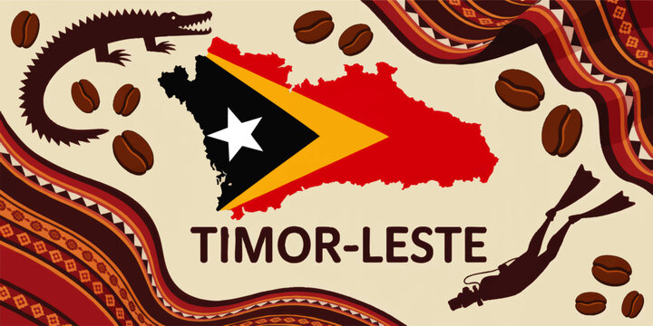 Timor Leste travel illustration with national flag map, coffee beans, crocodile, diver and traditional textile pattern background