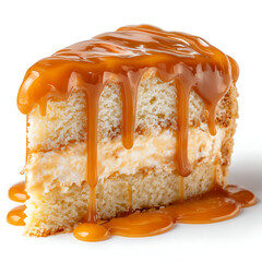 A slice of salted caramel cake dripping with caramel sauce, isolated on white background.