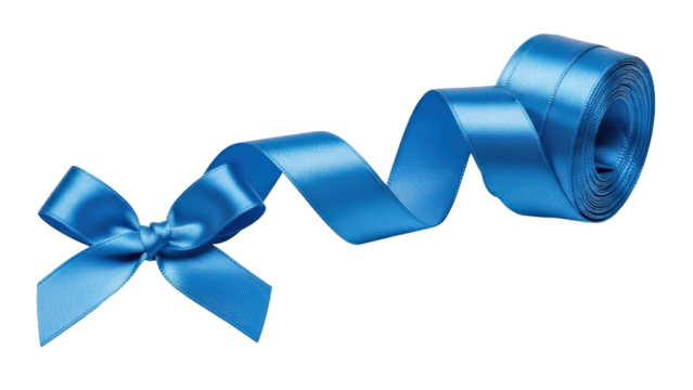 Bright blue satin ribbon with a decorative bow and rolled section, cut out, stock png, isolated on transparent background