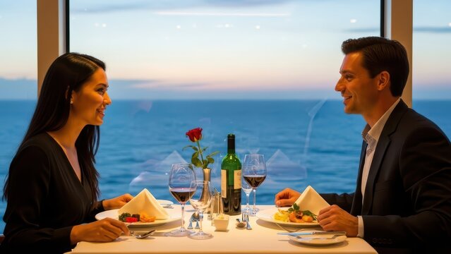 Romantic dinner by the ocean with young asian female and caucasian male at sunset