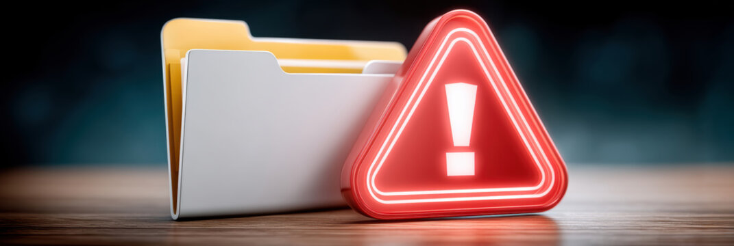 Cybersecurity alert with folder and warning icon indicating data risk and protection concern