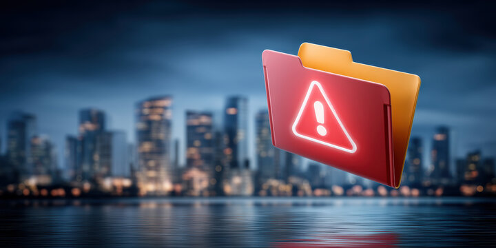 Cybersecurity alert folder with warning symbol over city skyline night conveying urgency and risk
