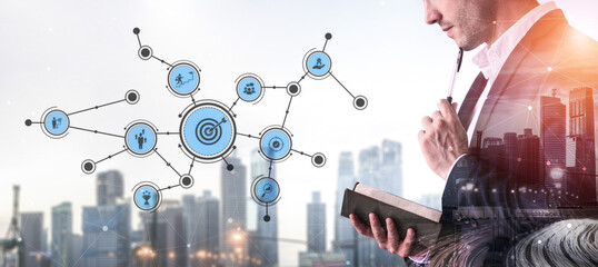 A business professional thoughtfully analyzes data while surrounded by a modern cityscape. Connectivity icons represent strategy and innovation in today dynamic environment. Tessel