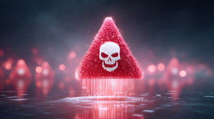 Cybersecurity red warning triangle with skull hologram conveying digital threat and danger