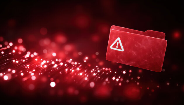Cybersecurity red folder warning alert data breach concept with glowing fiber optic lights
