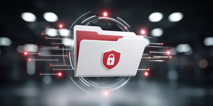 Secure folder with shield lock icon cybersecurity protection concept glowing data stream